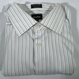 Neiman Marcus Dress Shirt Men 17.5 32/33 White Striped‎ 100% Cotton Button Up